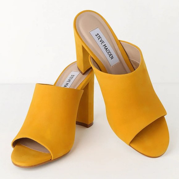 SALE 🔴 Steve Madden Yellow Heels Esmeralda Nubuck Leather Peep-Toe Mules 5.5 - Picture 7 of 8